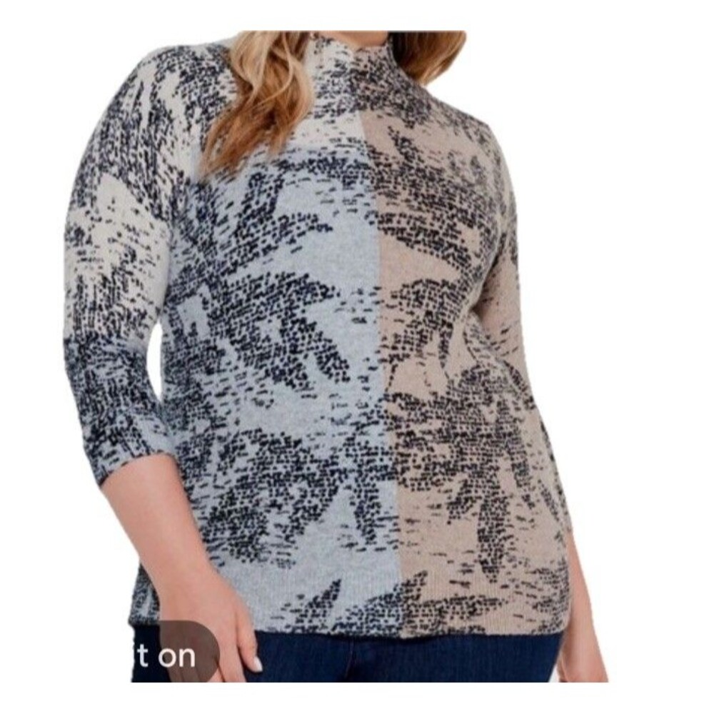 Nic + Zoe Women's Gray Leaf Print Mock-Neck Pullover Sweater Plus Size S